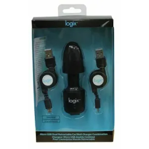 Logix 99314 Micro Usb Dual Retractable Ca/wall Charger Combination