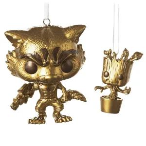 Hallmark Funko Pop 2023 Limited Edition Rocket Groot Gold Ornament Set Of 2