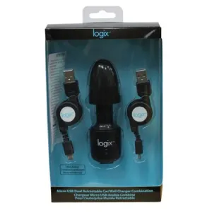 Logix 99314 Micro Usb Dual Retractable Ca/wall Charger Combination
