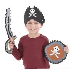 Foam Pixel Pirate Outfit Sword Shield & Hat Child's Halloween Costume 3 Pcs