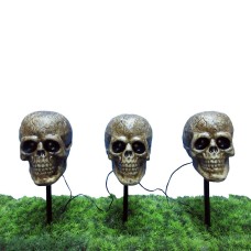 Halloween 3 Pc Skull Pathway Markers Set Light Sound Skeleton Outdoor Yard Decor