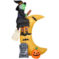 7.5 Ft Tall Airblown Flying Witch Over The Moon Light Up Halloween Inflate