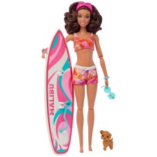 Barbie Doll With Surfboard And Puppy, Articulated Brown Beach Doll Hpl69